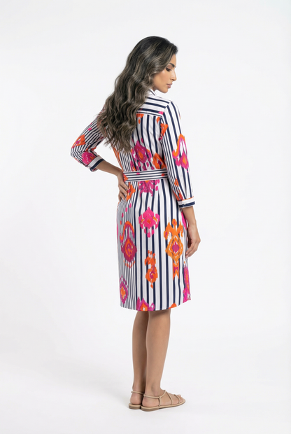 32292 Cotton Striped Knee-Length Dress with Ikat Print - Brown Loft