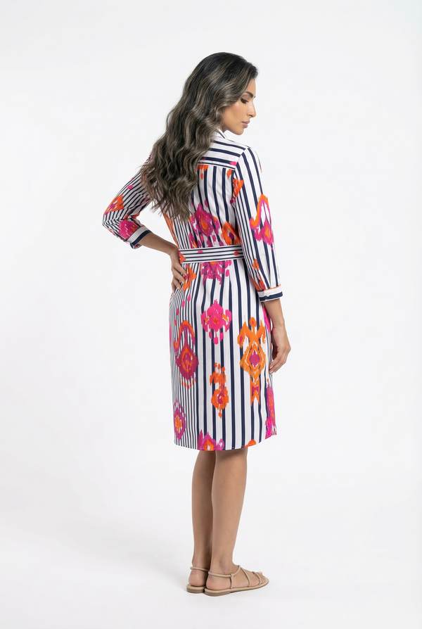 32292 فستان مخطط بطول الركبة من القطن بطبعة إيكات