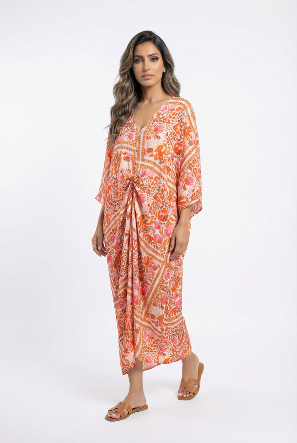 I106 قفطان طويل غير متماثل مطبوع