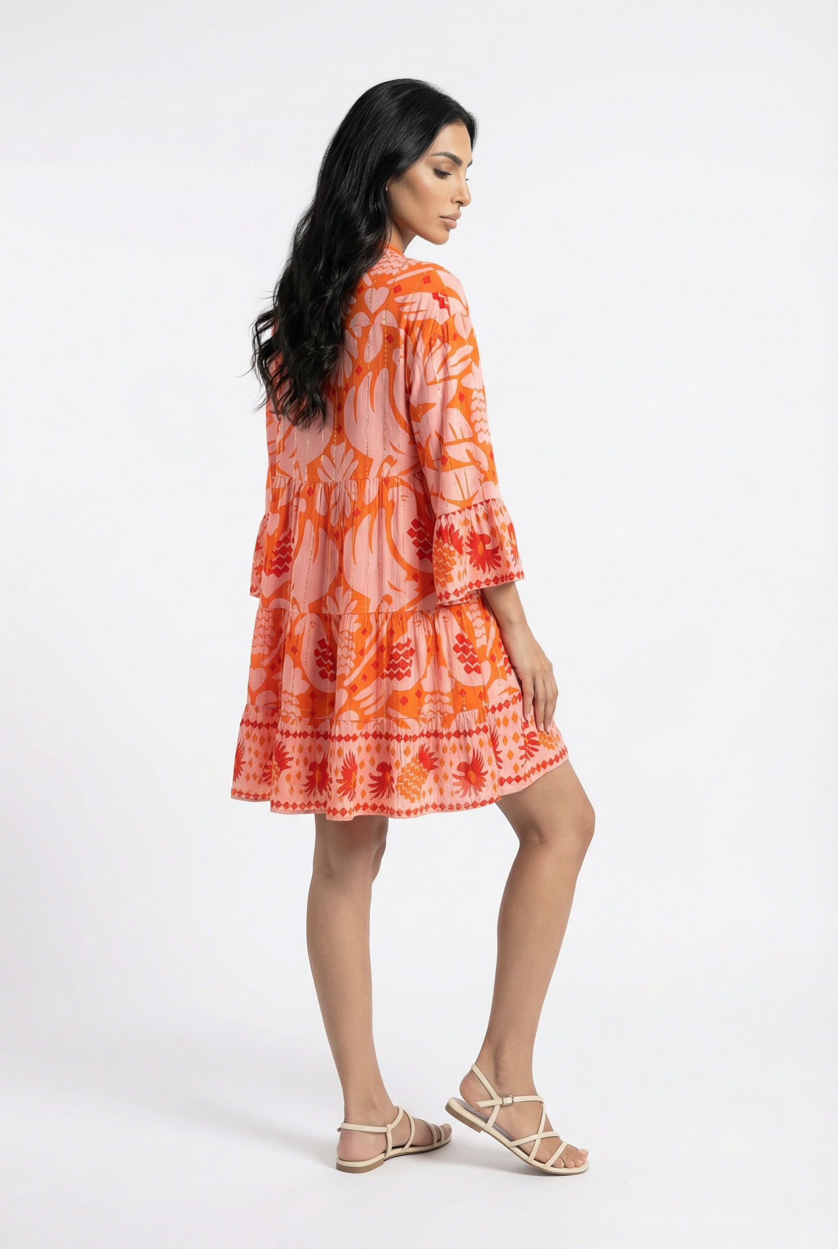 I112 V Round Neck Half Buttoned Printed Flowy Tiered Short Dress - Brown Loft