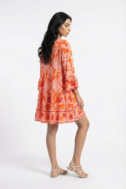I112 V Round Neck Half Buttoned Printed Flowy Tiered Short Dress - Brown Loft