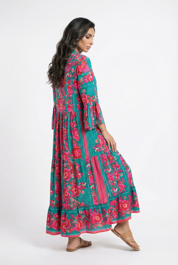 I117 فستان طويل متعدد الطبقات مزهر