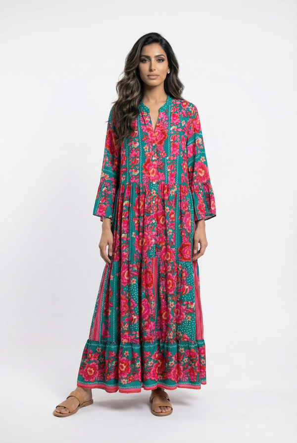 I117 فستان طويل متعدد الطبقات مزهر