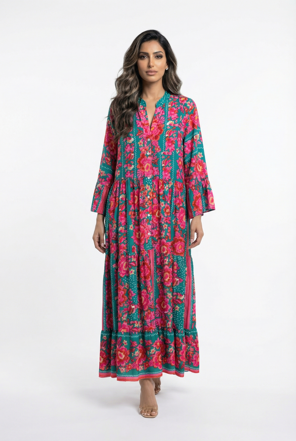 I117 فستان طويل متعدد الطبقات مزهر