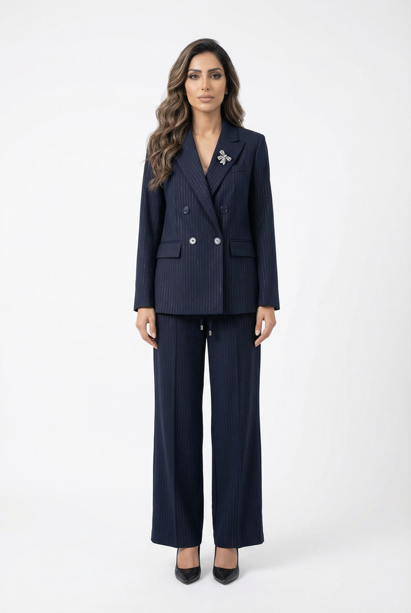 2502001/4001 Classic Fit Pinstripe Jacket and Straight Cut Pants جاكيت مخطط كلاسيكي وبنطلون بقصّة مستقيمة