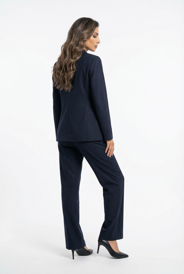 2502001/4001 Classic Fit Pinstripe Jacket and Straight Cut Pants جاكيت مخطط كلاسيكي وبنطلون بقصّة مستقيمة