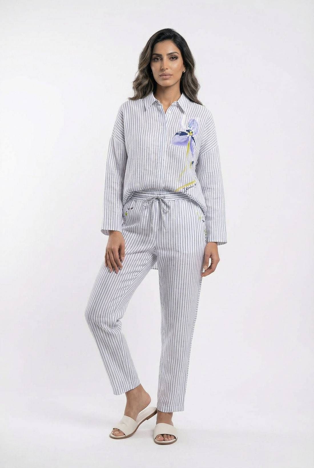 D157/F603 Floral Striped Linen  Shirt and Pants قميص وبنطال من الكتان المخطط بالزهور - Brown Loft