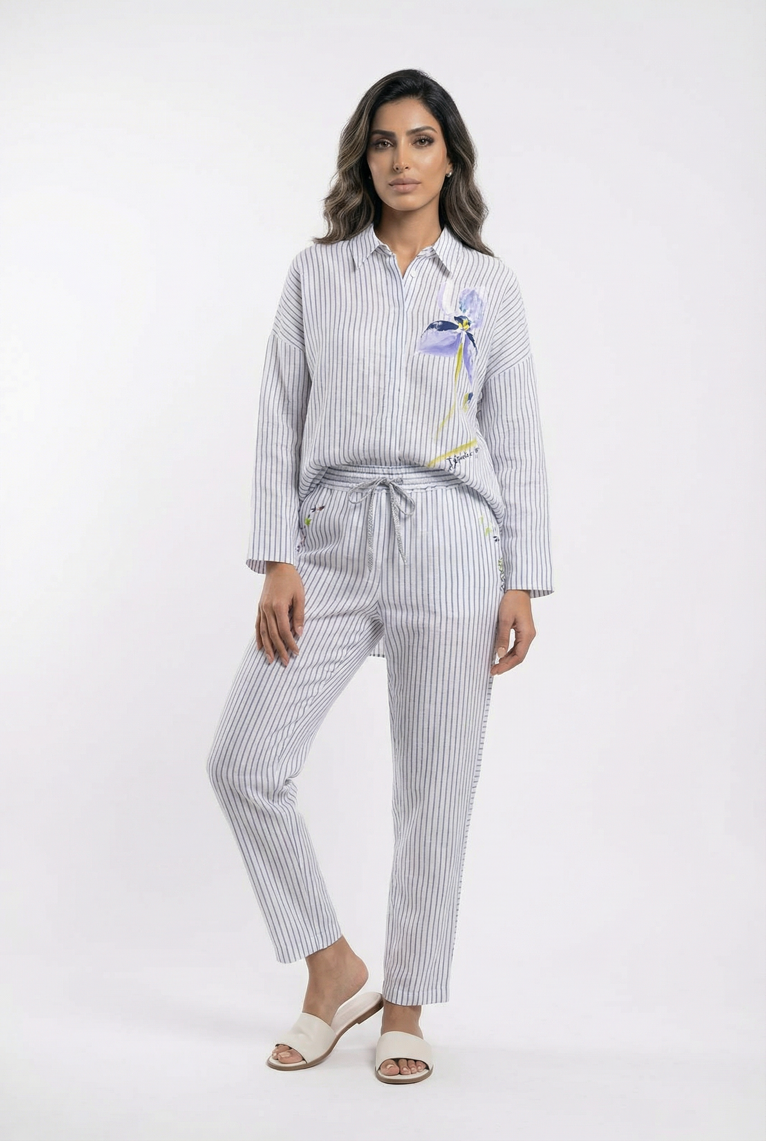 D157/F603 Floral Striped Linen  Shirt and Pants قميص وبنطال من الكتان المخطط بالزهور - Brown Loft