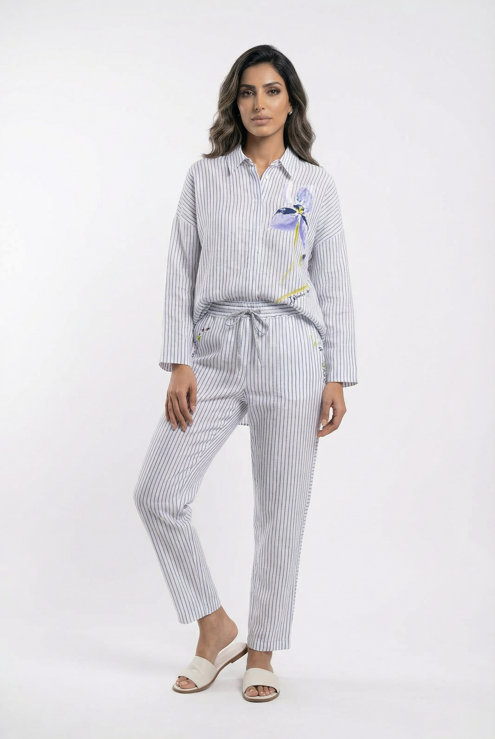 D157/F603 Floral Striped Linen  Shirt and Pants قميص وبنطال من الكتان المخطط بالزهور - Brown Loft