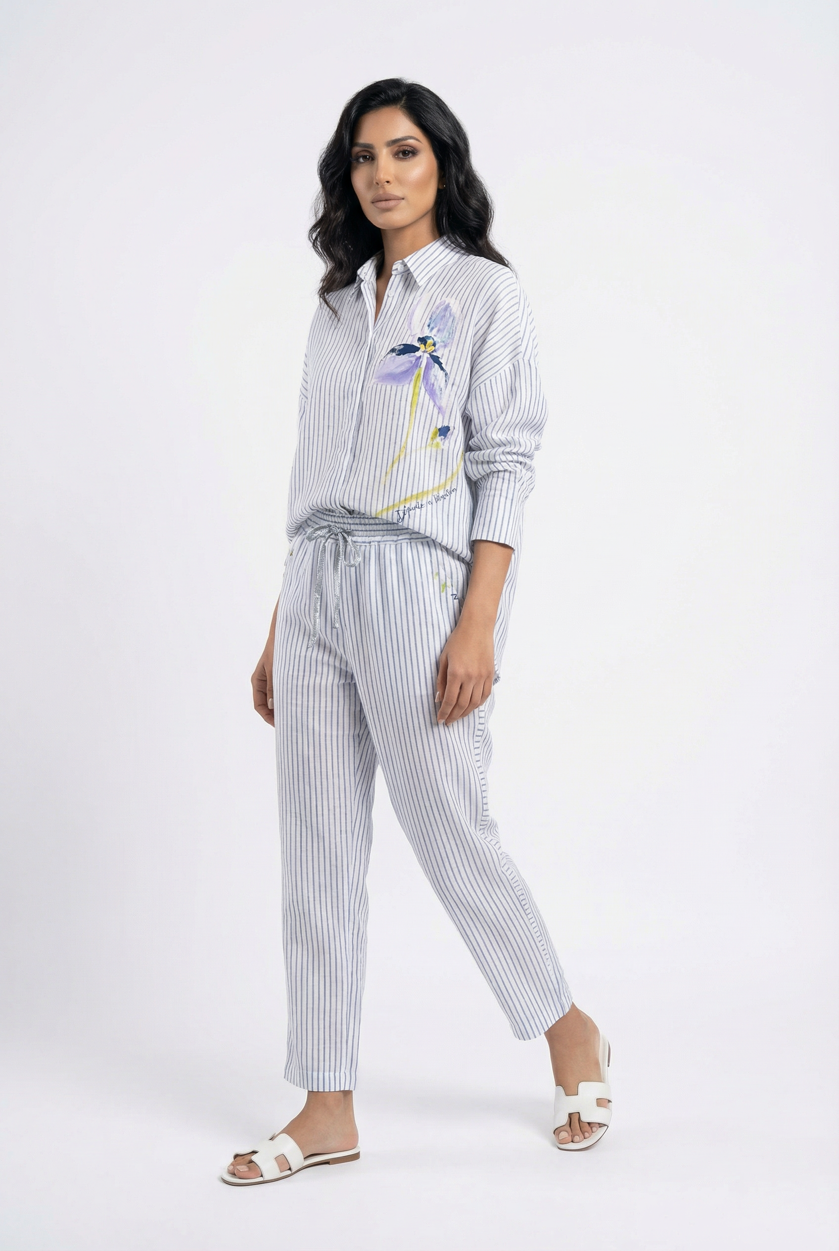 D157/F603 Floral Striped Linen  Shirt and Pants قميص وبنطال من الكتان المخطط بالزهور - Brown Loft