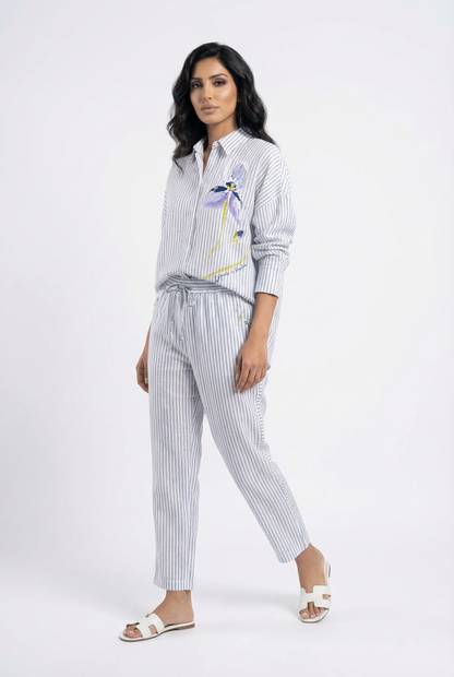 D157/F603 Floral Striped Linen  Shirt and Pants قميص وبنطال من الكتان المخطط بالزهور - Brown Loft