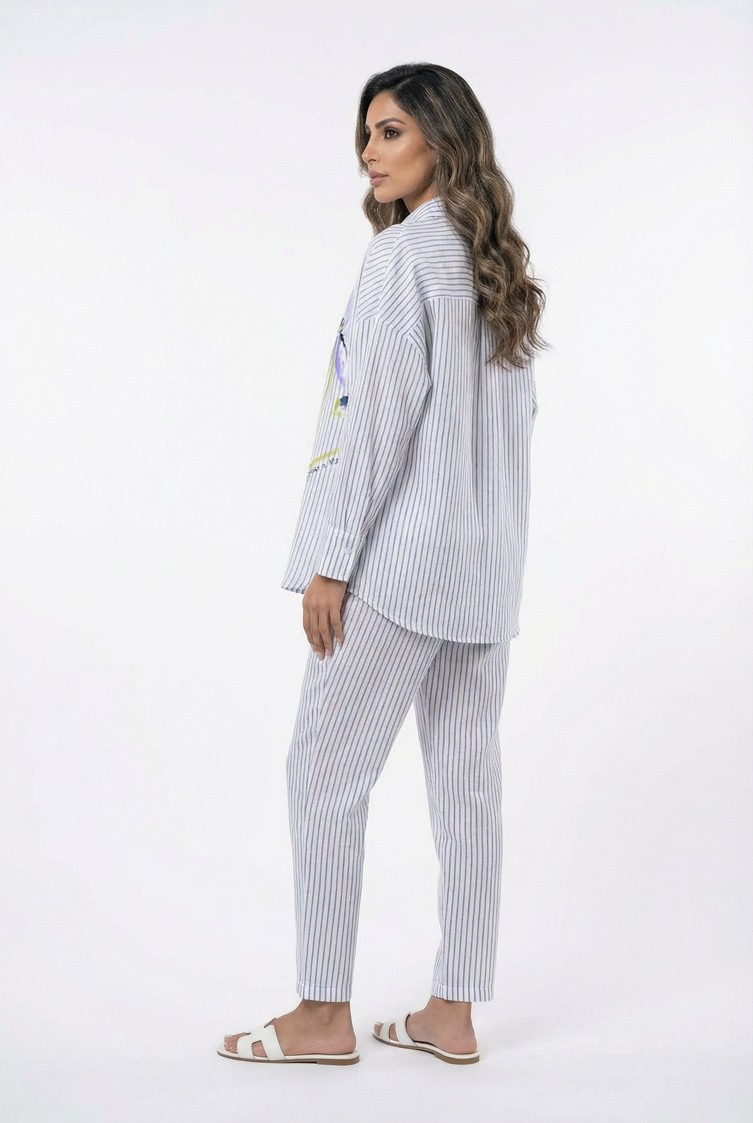 D157/F603 Floral Striped Linen  Shirt and Pants قميص وبنطال من الكتان المخطط بالزهور - Brown Loft