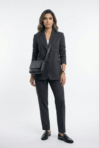 54-1056/5026 Collar Buttoned Jacket and Pant سترة وبنطال بأزرار وياقة - Brown Loft