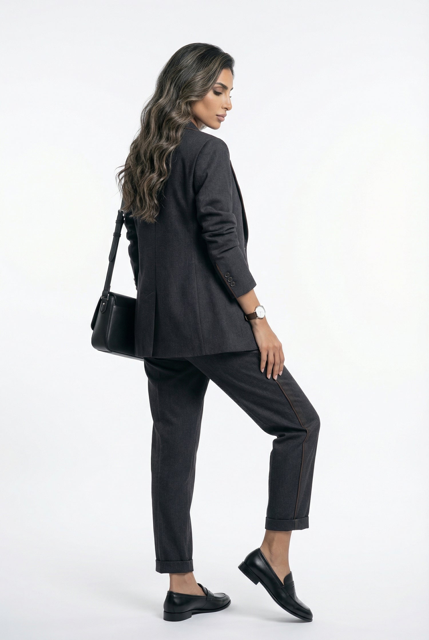 54-1056/5026 Collar Buttoned Jacket and Pant سترة وبنطال بأزرار وياقة - Brown Loft