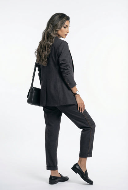 54-1056/5026 Collar Buttoned Jacket and Pant سترة وبنطال بأزرار وياقة - Brown Loft