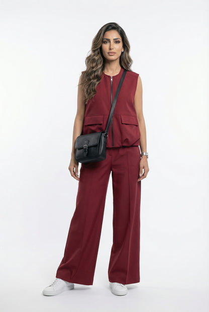 54-1025/5043 Sleeveless Jacket and Wide Leg Pants - Brown Loft