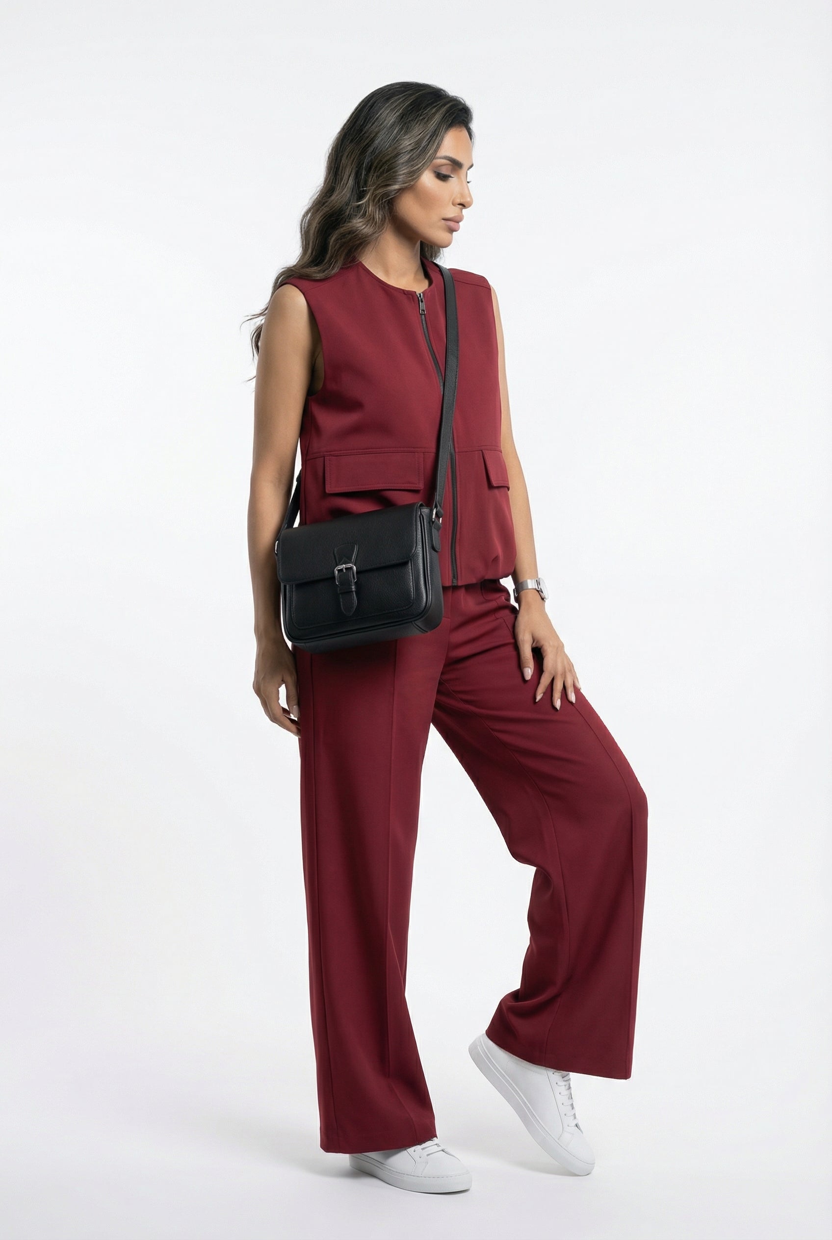 54-1025/5043 Sleeveless Jacket and Wide Leg Pants - Brown Loft