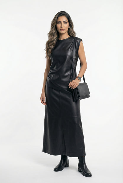 54-2036/6017 Faux Leather Top with Long Skirt - Brown Loft
