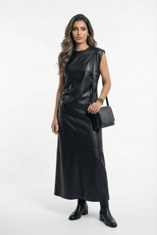 54-2036/6017 Faux Leather Top with Long Skirt بلوزة من الجلد الصناعي مع تنورة طويلة