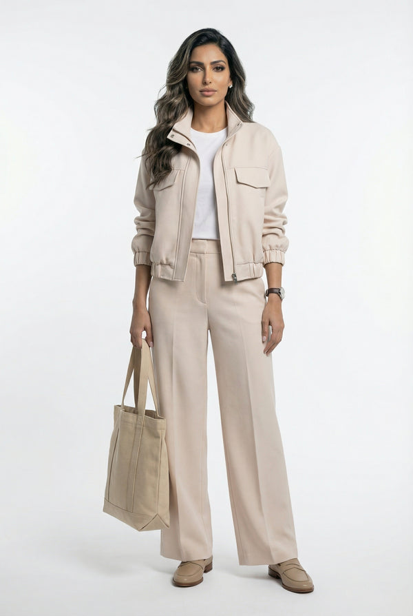 V26011 SET Bomber Jacket and Wide Leg Pants سترة بومبر وبنطال واسع الساق
