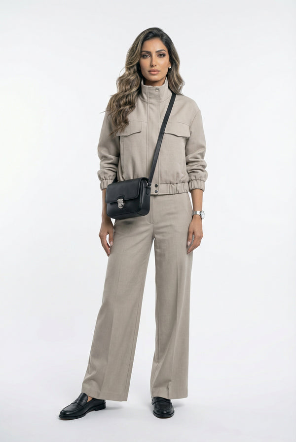 V26011 SET Bomber Jacket and Wide Leg Pants سترة بومبر وبنطال واسع الساق