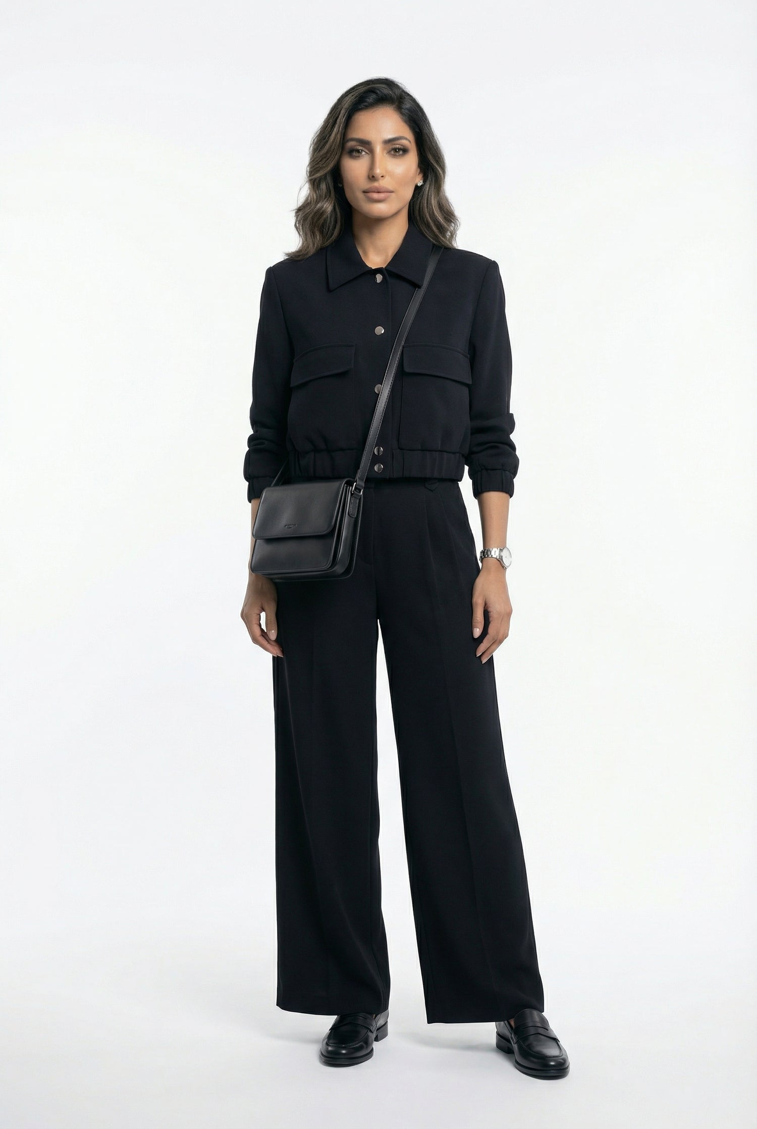 V2575 SET Bomber Jacket and Wide Leg Pants سترة بومبر وبنطال واسع الساق - Brown Loft
