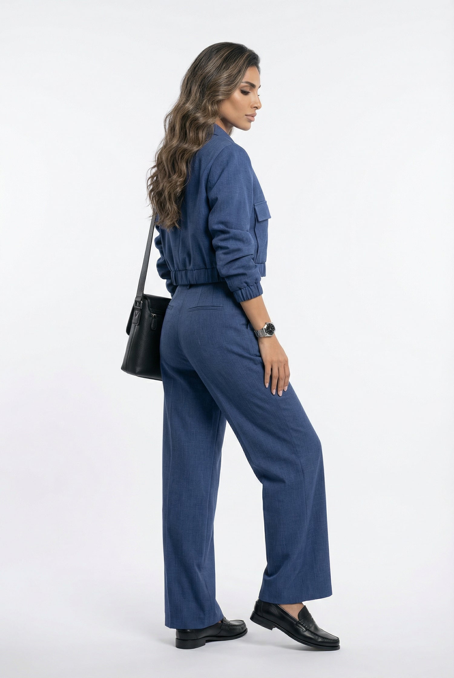 V2575 SET Bomber Jacket and Wide Leg Pants سترة بومبر وبنطال واسع الساق - Brown Loft