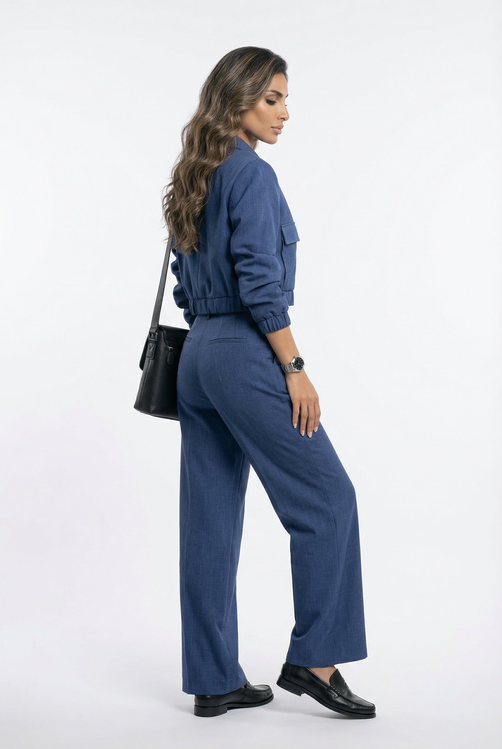 V2575 SET Bomber Jacket and Wide Leg Pants سترة بومبر وبنطال واسع الساق - Brown Loft
