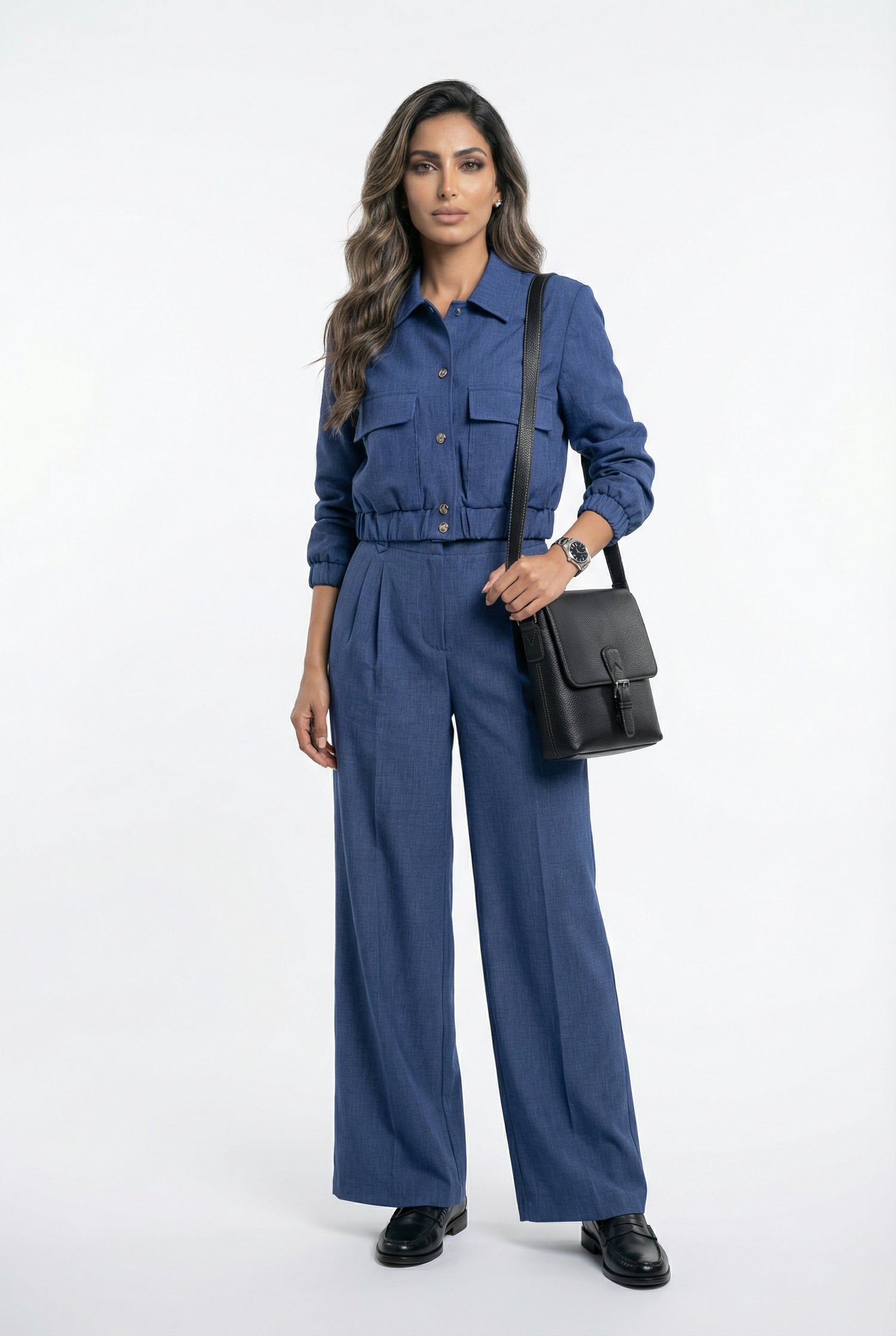 V2575 SET Bomber Jacket and Wide Leg Pants سترة بومبر وبنطال واسع الساق - Brown Loft