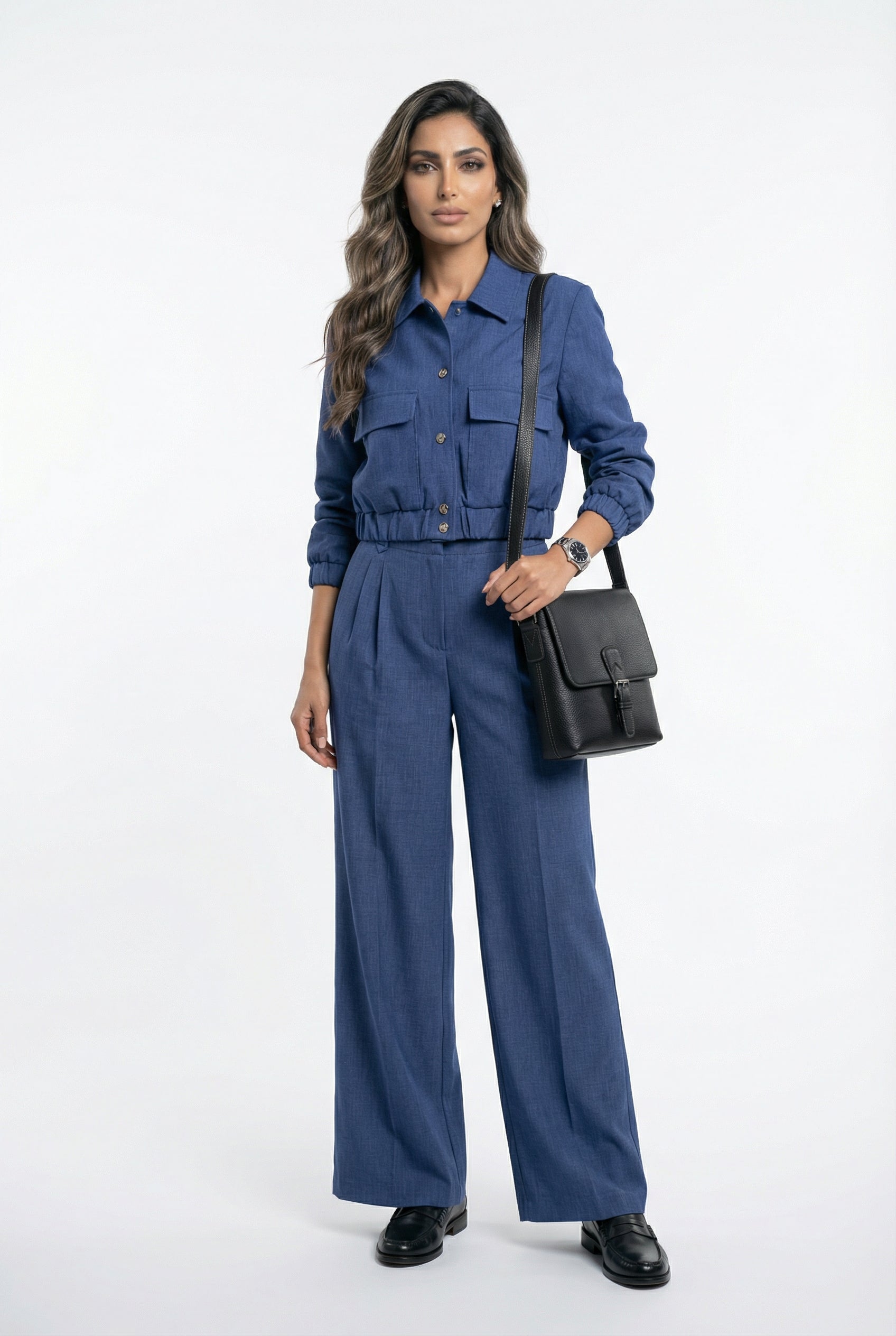 V2575 SET Bomber Jacket and Wide Leg Pants سترة بومبر وبنطال واسع الساق - Brown Loft