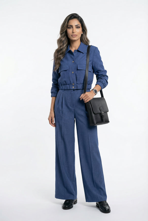 V2575 SET Bomber Jacket and Wide Leg Pants سترة بومبر وبنطال واسع الساق