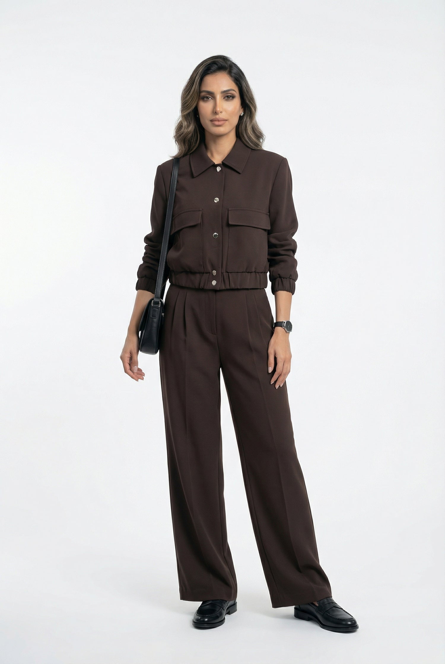 V2575 SET Bomber Jacket and Wide Leg Pants سترة بومبر وبنطال واسع الساق - Brown Loft