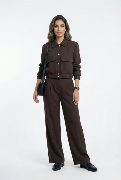 V2575 SET Bomber Jacket and Wide Leg Pants سترة بومبر وبنطال واسع الساق - Brown Loft