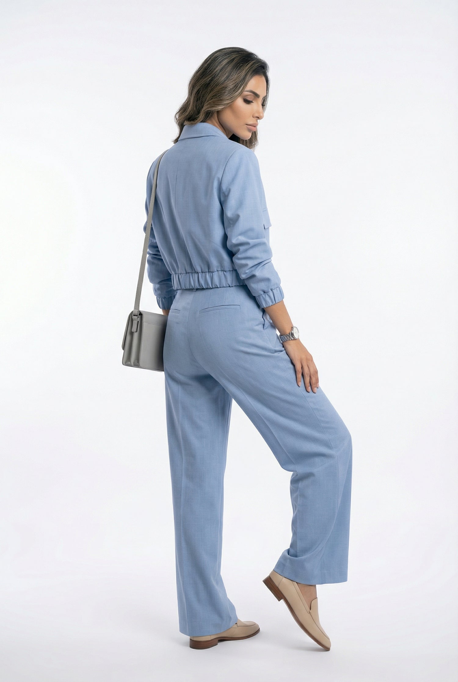 V2575 SET Bomber Jacket and Wide Leg Pants سترة بومبر وبنطال واسع الساق - Brown Loft