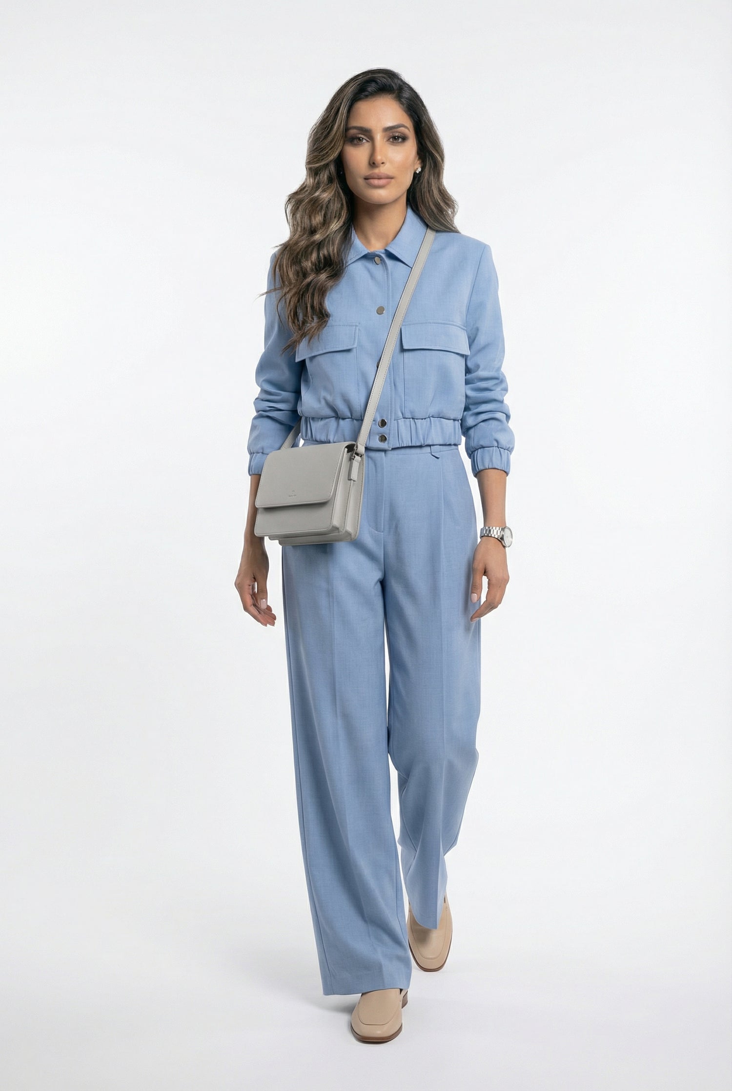 V2575 SET Bomber Jacket and Wide Leg Pants سترة بومبر وبنطال واسع الساق - Brown Loft