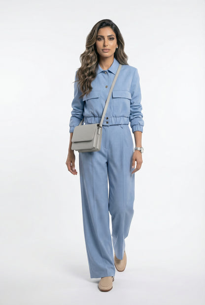 V2575 SET Bomber Jacket and Wide Leg Pants سترة بومبر وبنطال واسع الساق - Brown Loft