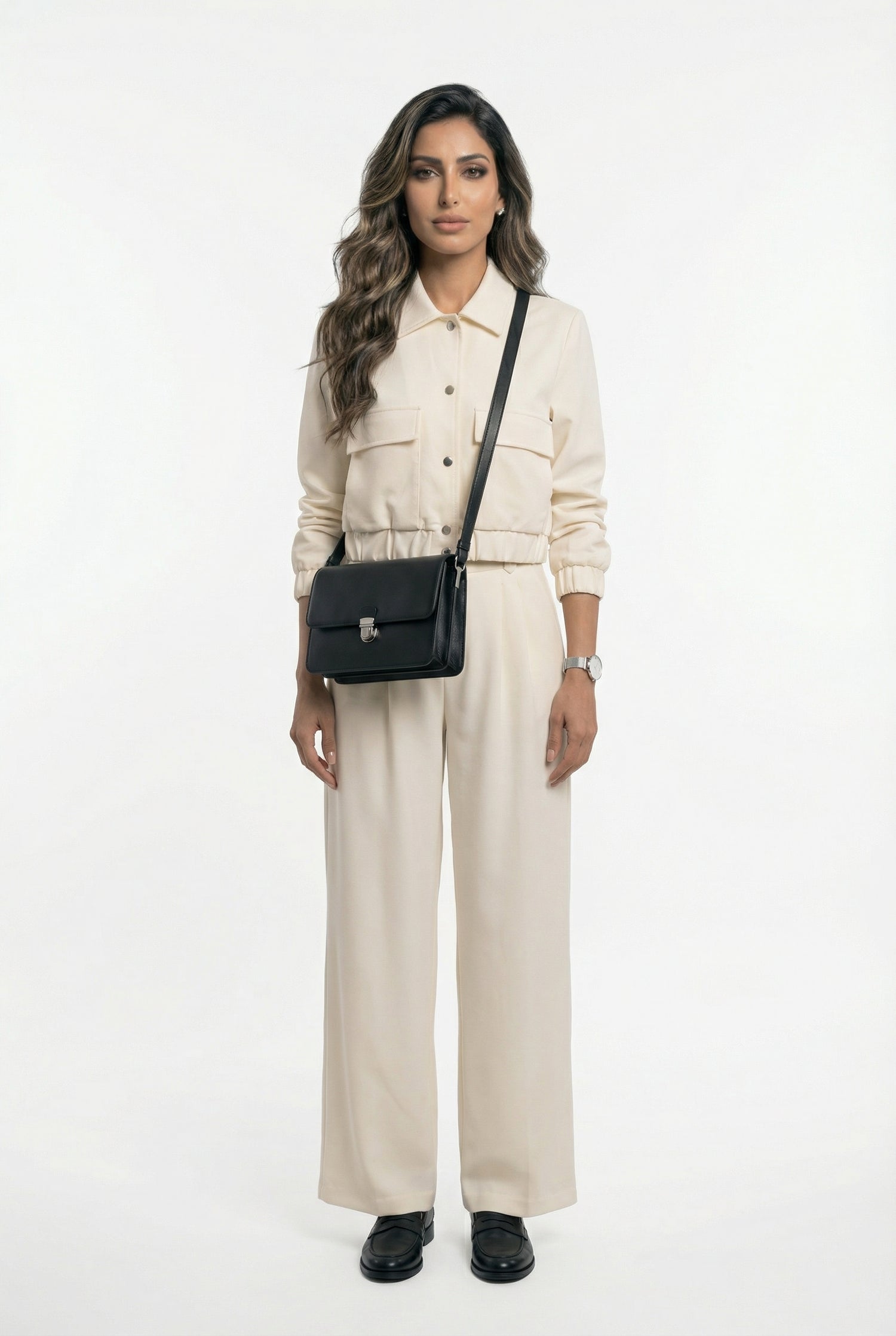 V2575 SET Bomber Jacket and Wide Leg Pants سترة بومبر وبنطال واسع الساق - Brown Loft