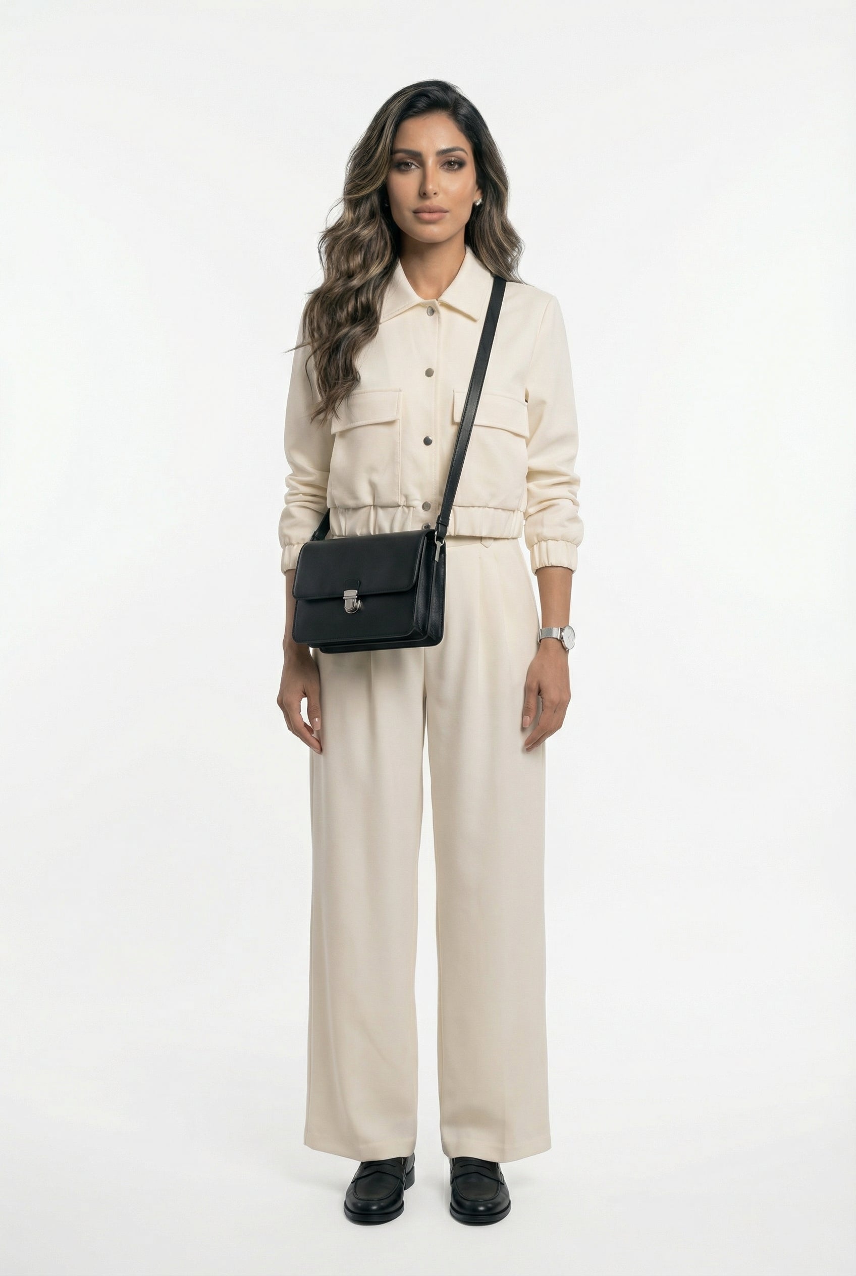 V2575 SET Bomber Jacket and Wide Leg Pants سترة بومبر وبنطال واسع الساق - Brown Loft