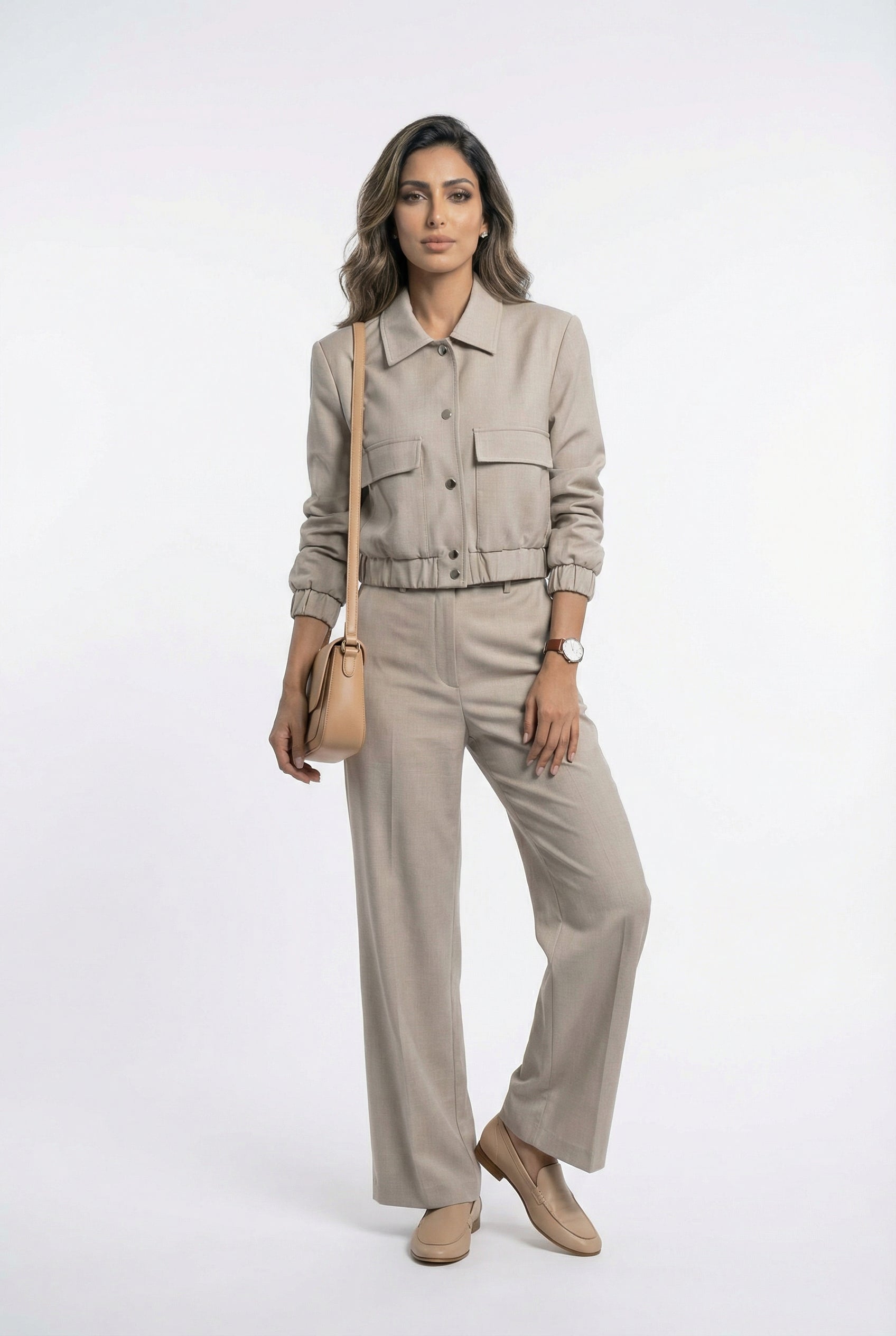 V2575 SET Bomber Jacket and Wide Leg Pants سترة بومبر وبنطال واسع الساق - Brown Loft