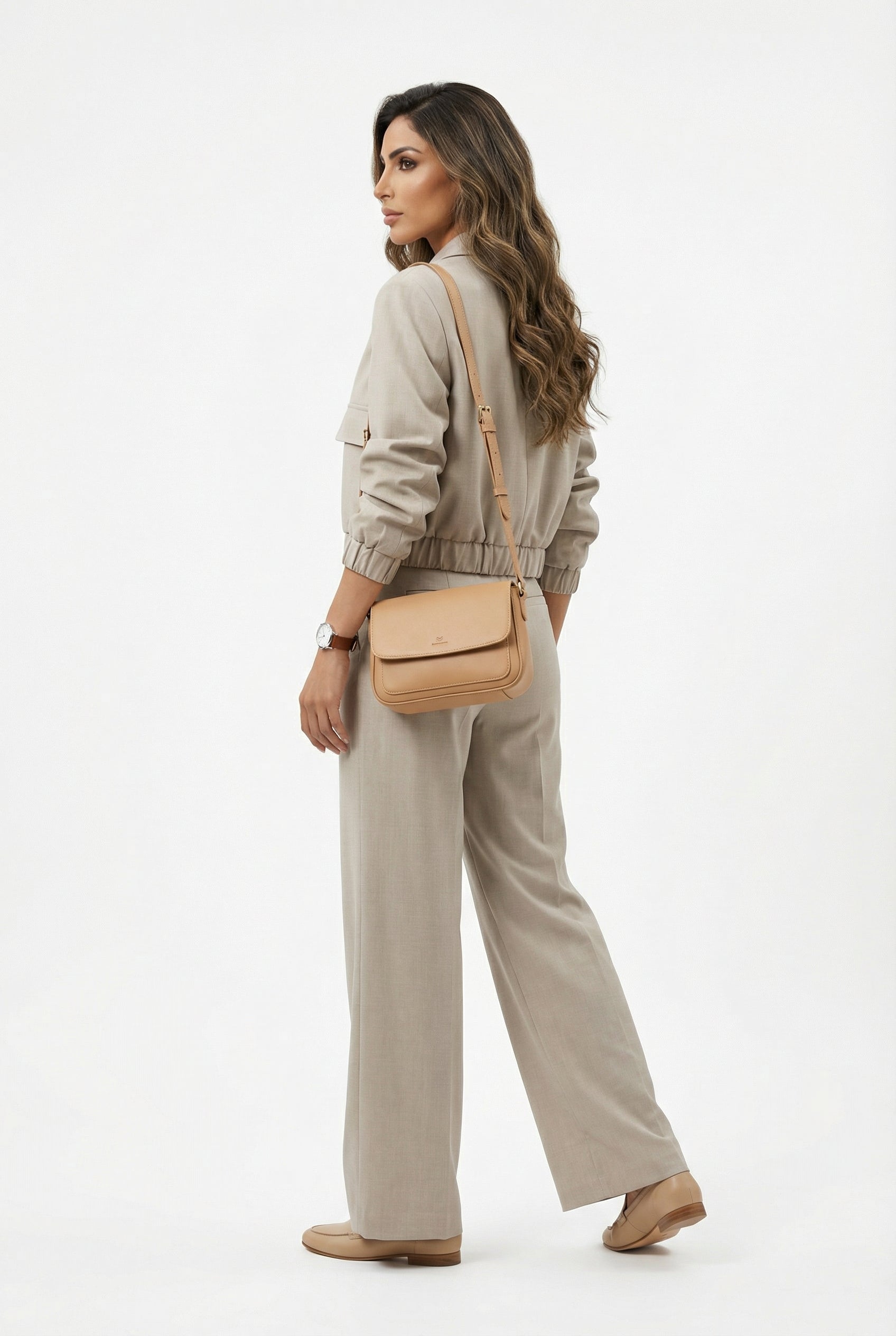 V2575 SET Bomber Jacket and Wide Leg Pants سترة بومبر وبنطال واسع الساق - Brown Loft