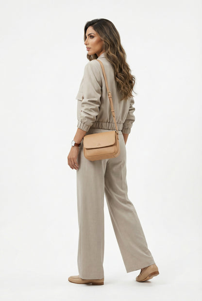 V2575 SET Bomber Jacket and Wide Leg Pants سترة بومبر وبنطال واسع الساق - Brown Loft