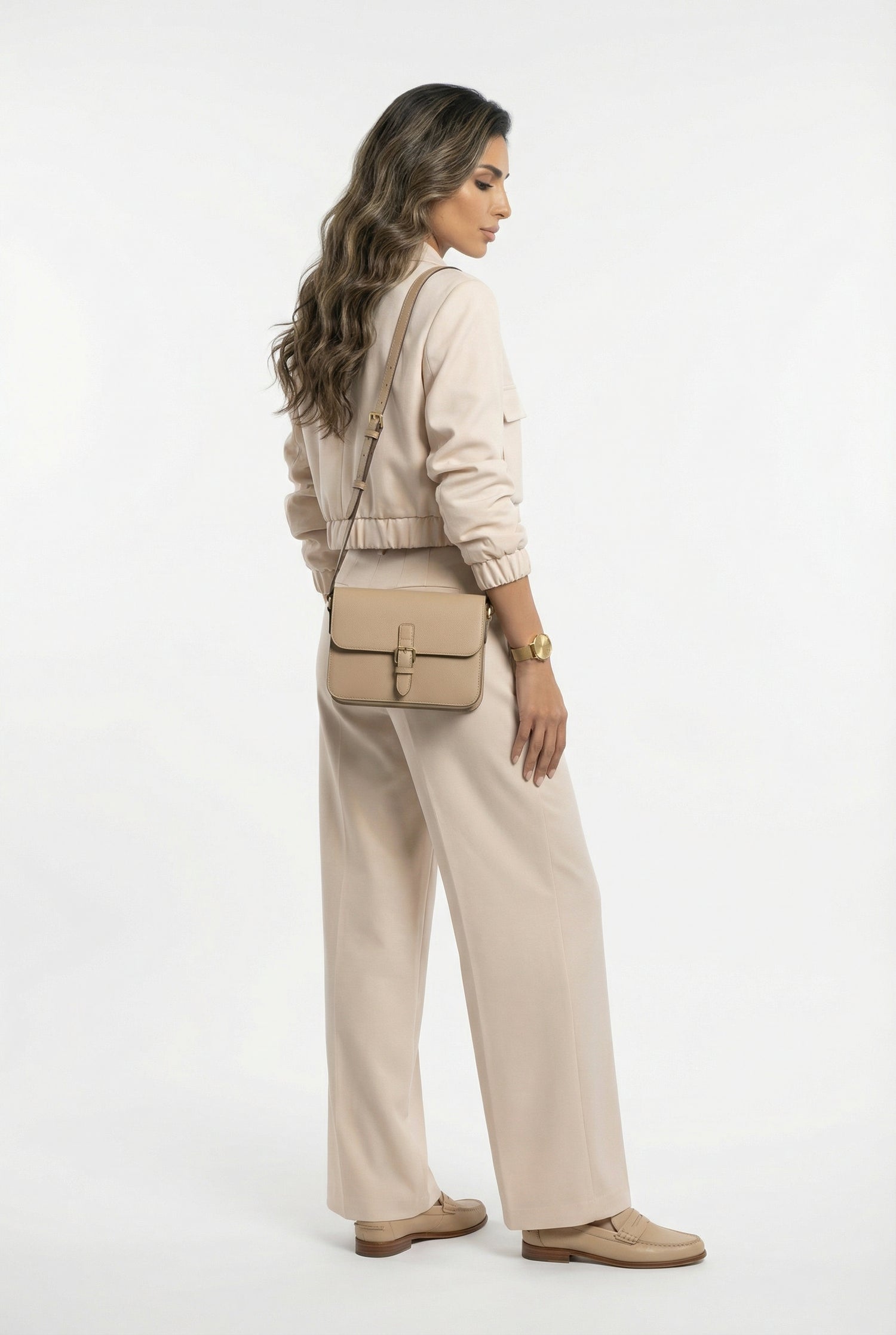 V2575 SET Bomber Jacket and Wide Leg Pants سترة بومبر وبنطال واسع الساق - Brown Loft