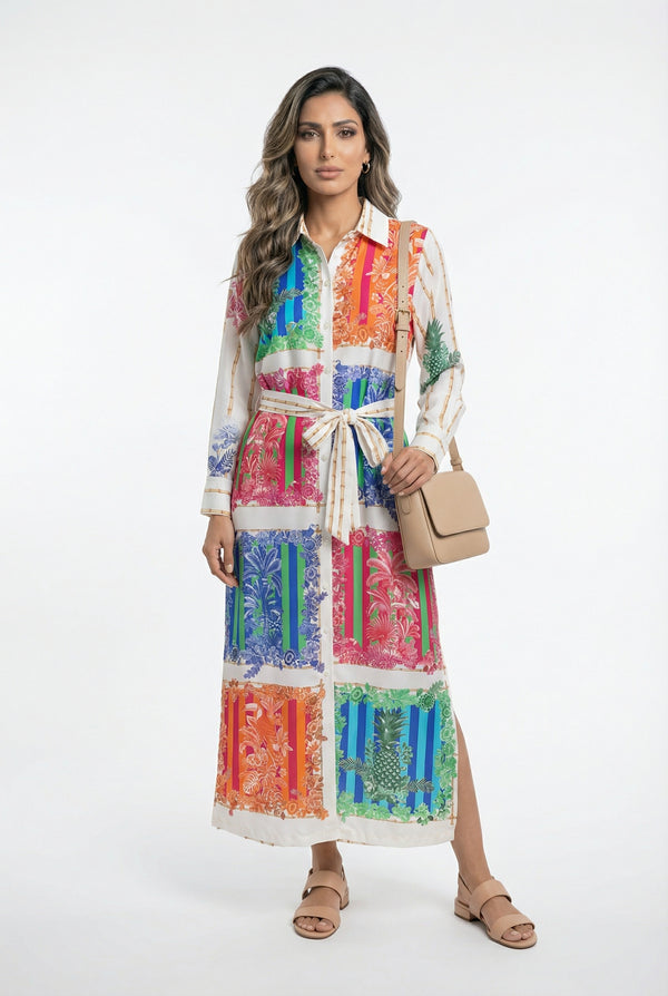 33656 Patchwork Print Long Dress فستان طويل مطبوع بنقشة مرقعة