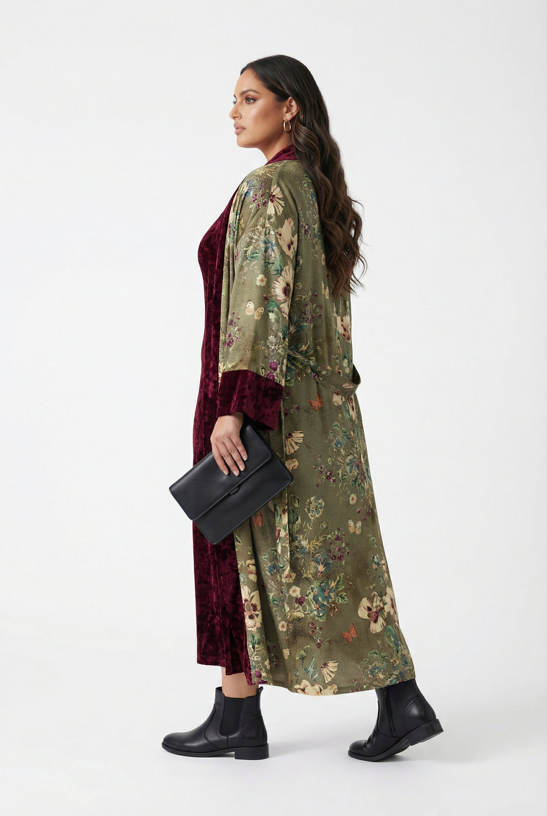 25583/2522 Scoop Neckline Velvet Long Sleeveless Dress with Floral Kimono - Brown Loft