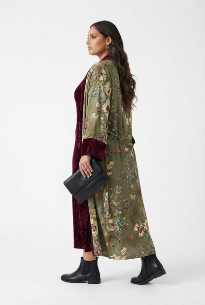 25583/2522 Scoop Neckline Velvet Long Sleeveless Dress with Floral Kimono - Brown Loft