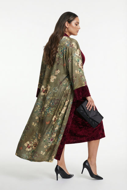 25583/2522 Scoop Neckline Velvet Long Sleeveless Dress with Floral Kimono - Brown Loft