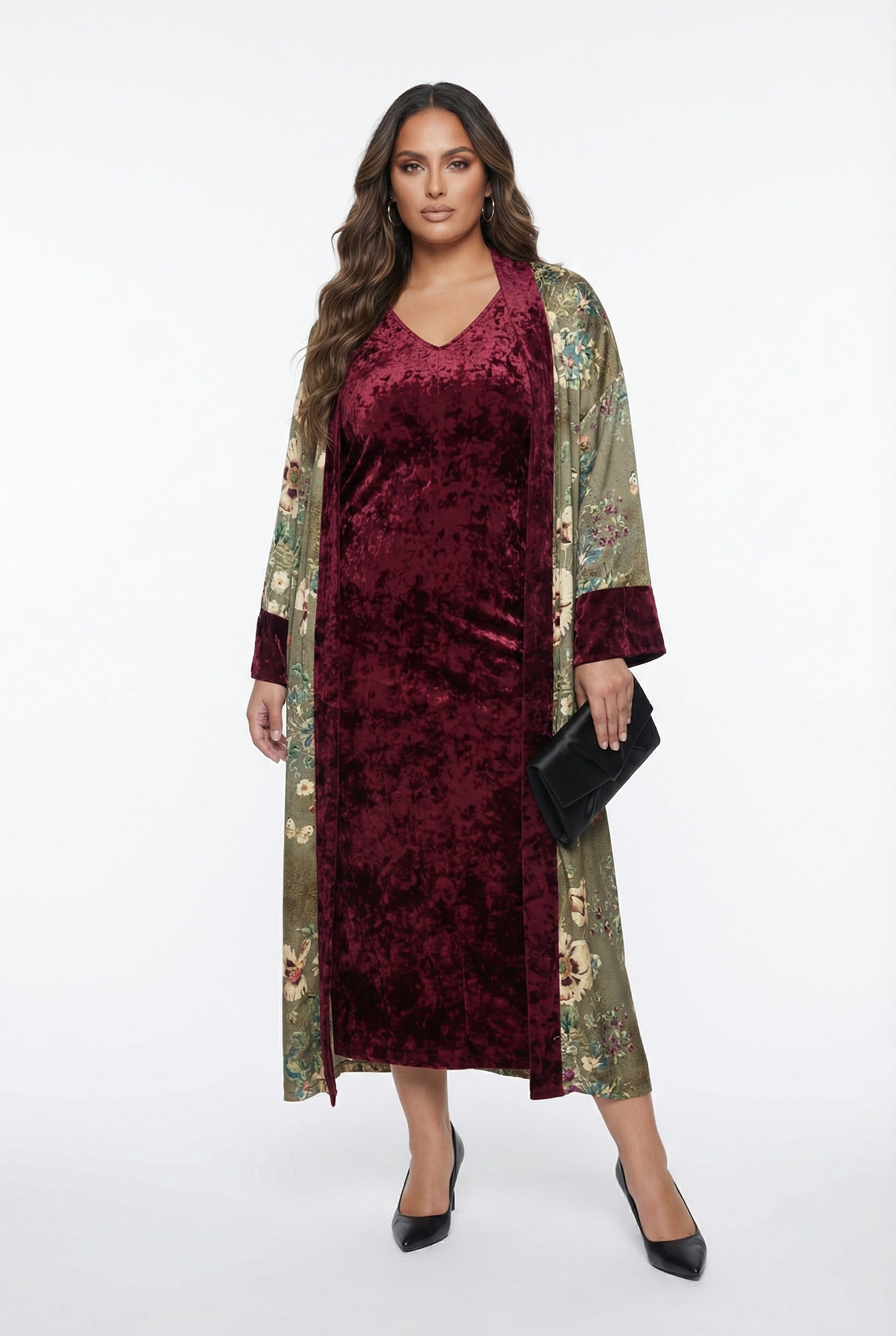 25583/2522 Scoop Neckline Velvet Long Sleeveless Dress with Floral Kimono - Brown Loft