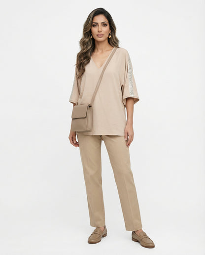 43-2271 (V Neck Sequin Shoulder Top) أعلى الكتف الترتر الرقبة الخامس