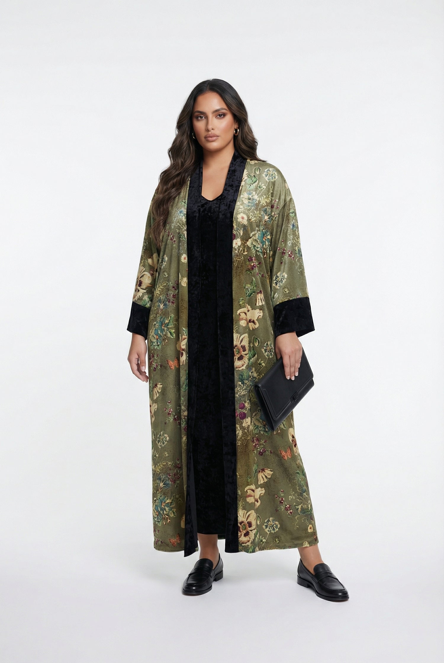 25583/2522 Scoop Neckline Velvet Long Sleeveless Dress with Floral Kimono - Brown Loft