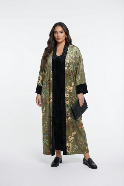 25583/2522 Scoop Neckline Velvet Long Sleeveless Dress with Floral Kimono - Brown Loft